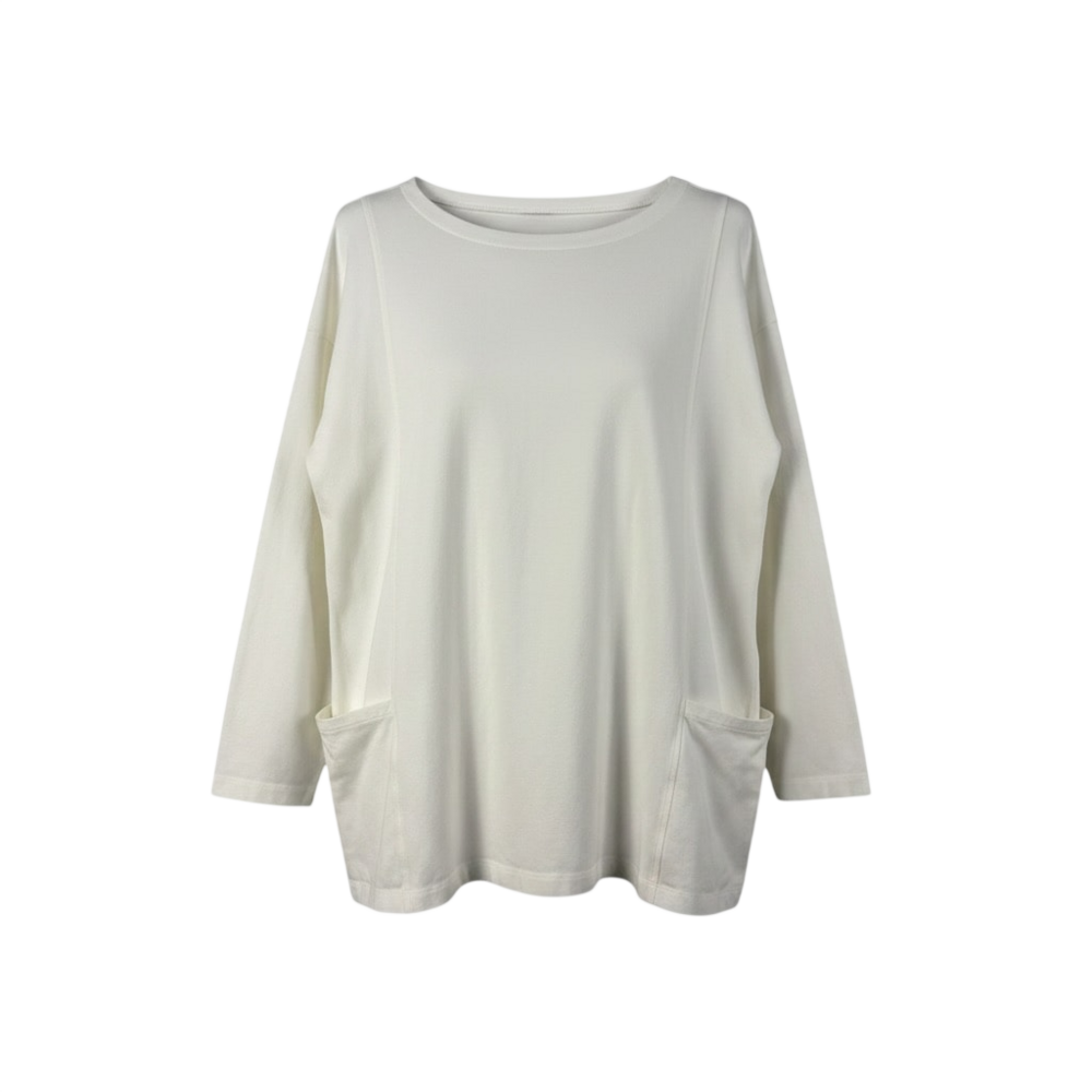 Eileen Fisher cream knit long sleeve top with wide neckline, dropped shoulders,